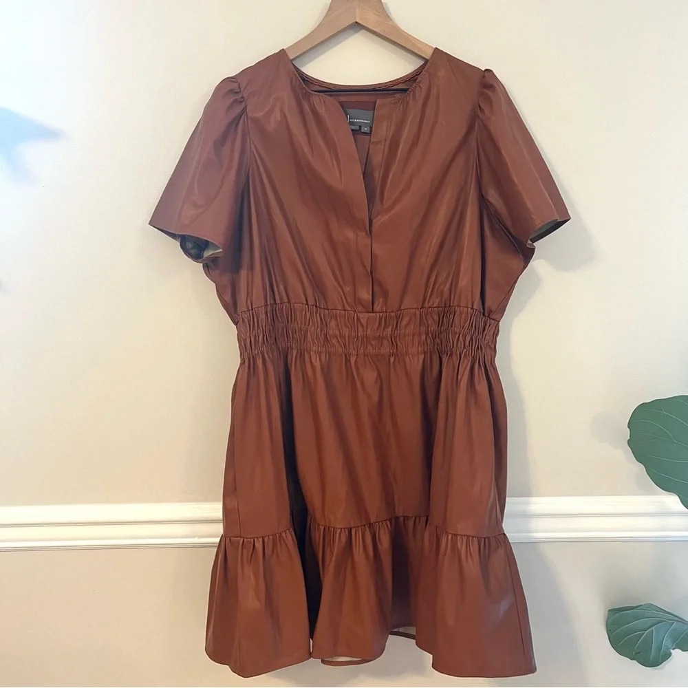 Anthropologie Women’s The Somerset Mini Dress Size 1X Faux Leather Cognac Brown - Picture 5 of 12
